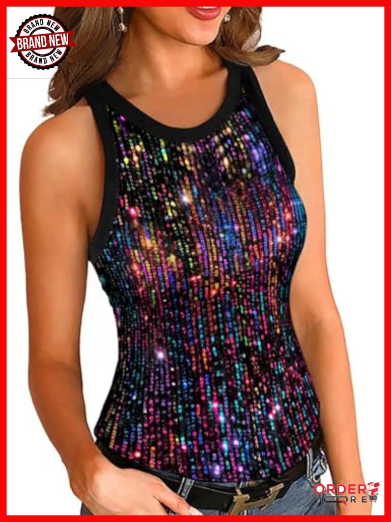 Sparkle Sequin Slim Fit Crewneck Tank Top Sleeveless Blouse Party Top